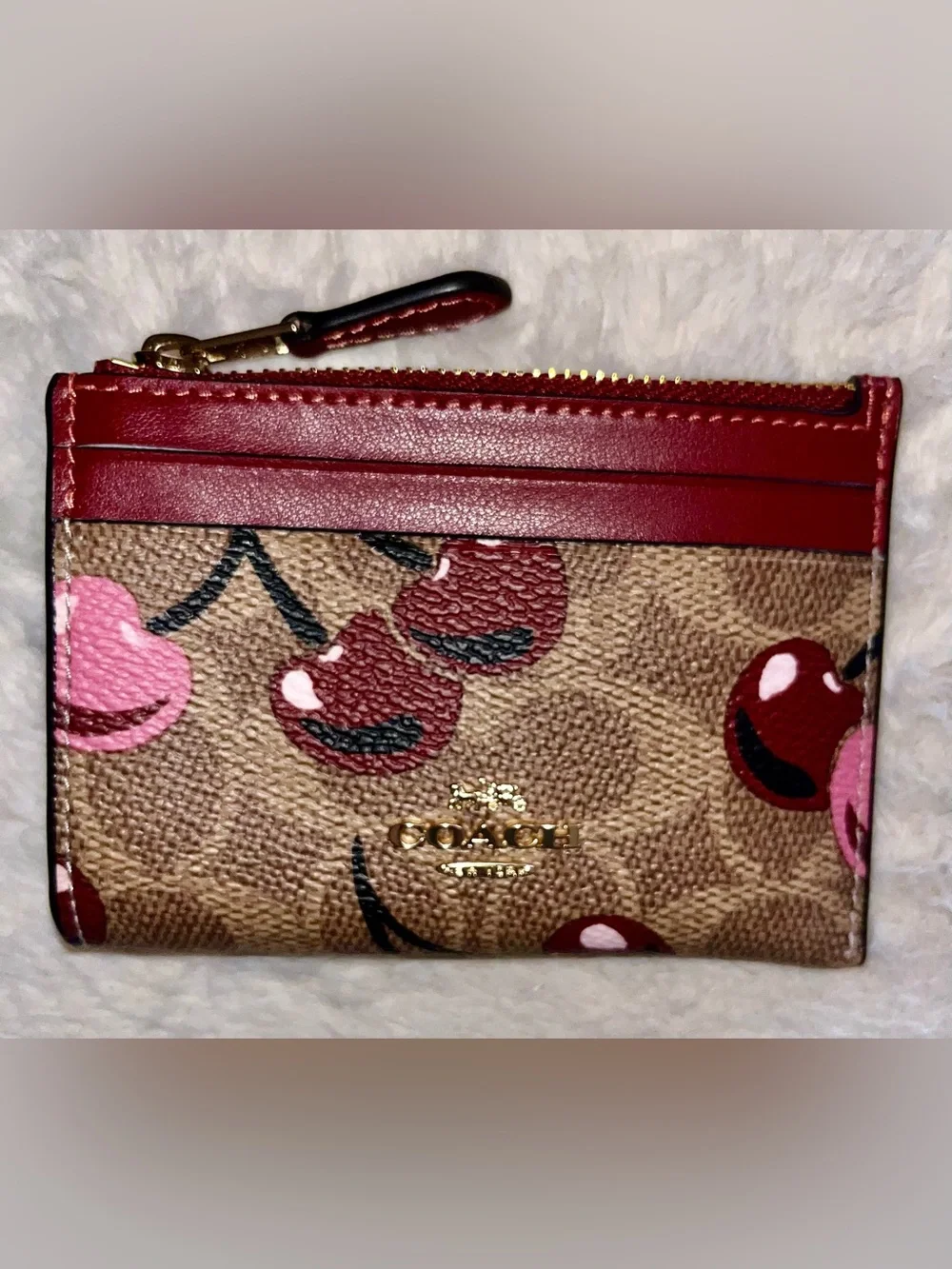 Coach Mini Skinny ID Case in Signature Canvas cherry print